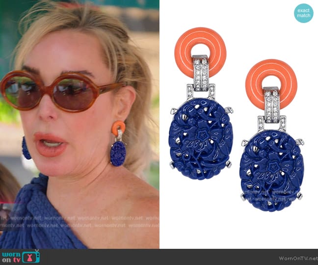 Kenneth Jay Lane Coral Top Carved Lapis Drop Deco Clip Earrings worn by Marysol Patton (Marysol Patton) on The Real Housewives of Miami