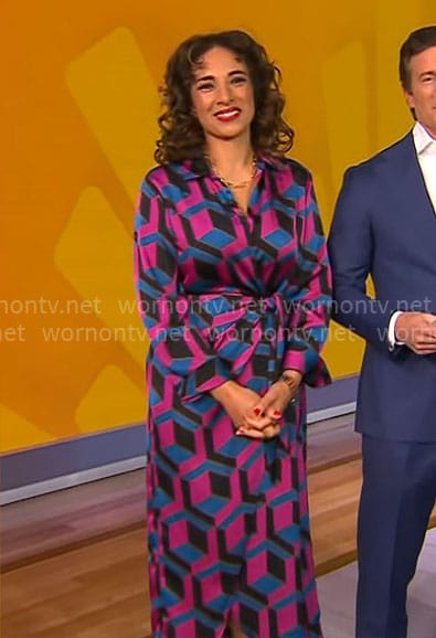 Michelle Miller's blue and pink geometric print dress on CBS Mornings