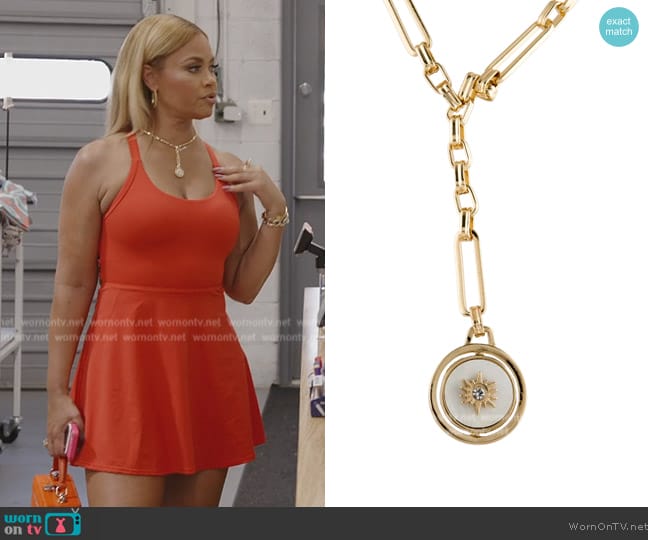 Mignonne Gavigan Crystal & Mother of Pearl Luna Charm Lavalier Necklace worn by Gizelle Bryant on The Real Housewives of Potomac