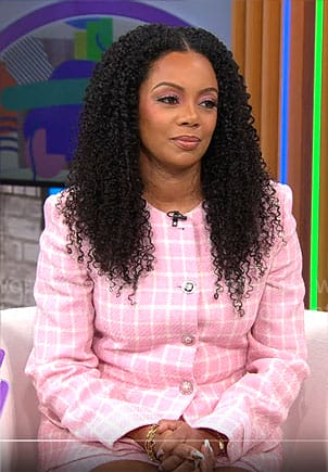 Monique Rodriguez’s pink checked jacket and skirt on CBS Mornings