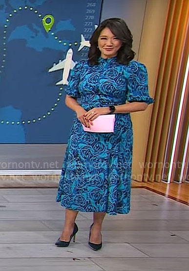 Nancy Chen's blue rose print dress on CBS Mornings