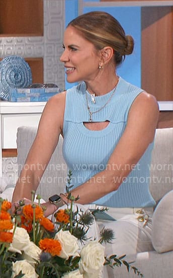 Natalie's blue cutout rib knit top and white pants on The Talk