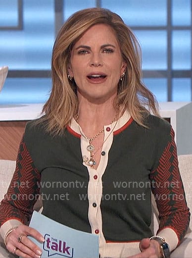 Natalie’s green and red printed sleeve cardigan on The Talk