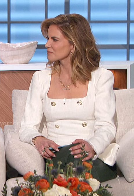 Natalie's white square neck top with gold buttons on The Talk