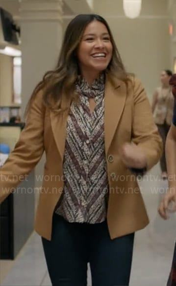 Nell's floral striped blouse and camel blazer on Not Dead Yet