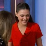 Nicola Peltz’s red cropped cardigan on The Kelly Clarkson Show