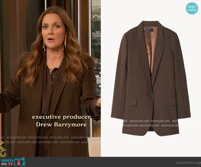 Nili Lotan Diane Blazer In Brown Stripe worn by Drew Barrymore on The Drew Barrymore Show