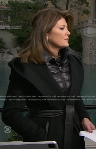 Norah’s black belted coat on CBS Evening News