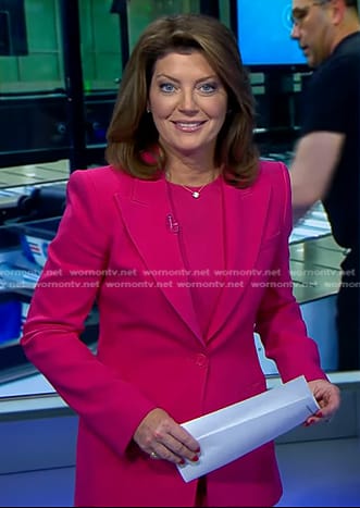 Norah’s pink peak lapel blazer on CBS Evening News