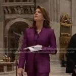 Norah's purple tie neck blouse and suit on CBS Evening News