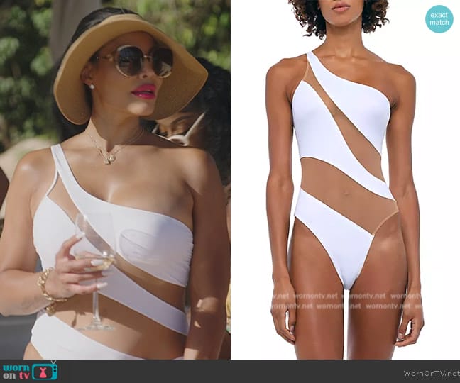 Norma Kamali Snake Mesh Stripe One Piece Swimsuit worn by Mia Thornton on The Real Housewives of Potomac