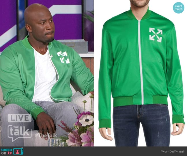 Off-White Logo Bomber Jacket worn by Akbar Gbajabiamila on The Talk