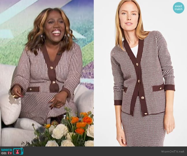 On 34th Jacquard Cardigan in Shaved Chocolate worn by Sheryl Underwood on The Talk