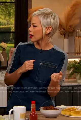 Pilar Valdes's denim mini dress on The Drew Barrymore Show