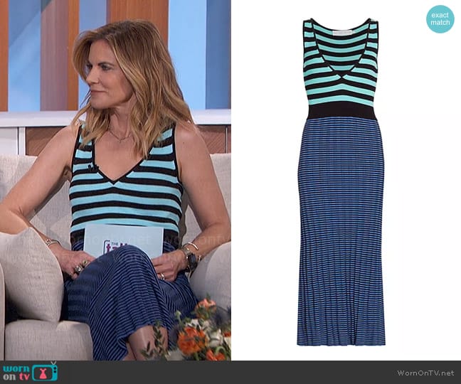 Natalie’s blue mixed stripe v-neck dress on The Talk