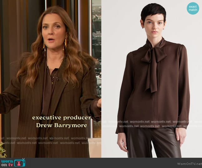 Quince Washable Stretch Silk Tie Neck Blouse worn by Drew Barrymore on The Drew Barrymore Show