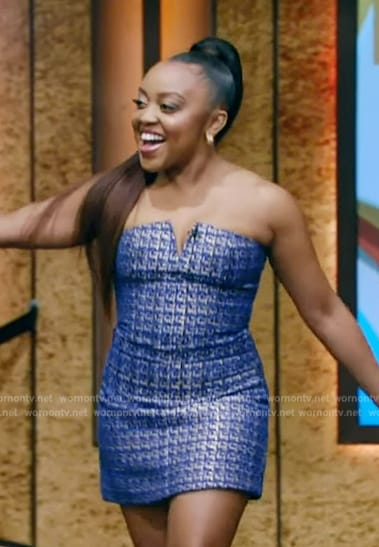 Quinta Brunson’s blue tweed mini dress on Live with Kelly and Mark