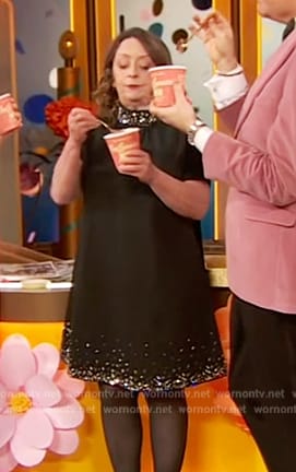 Rachel Dratch's black embellished trim mini dress on The Drew Barrymore Show