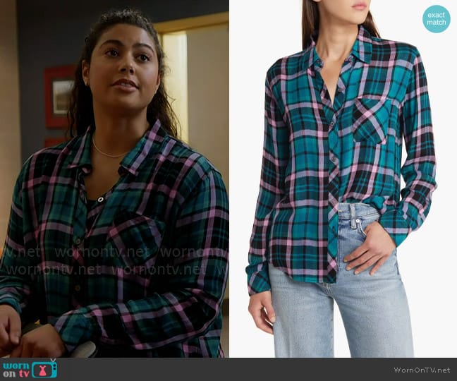 Kylie’s green and pink plaid shirt on Chicago Fire