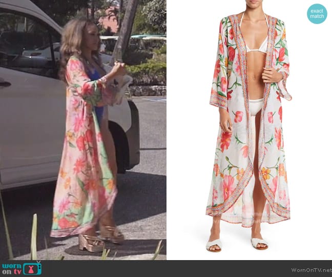 Ranees Floral Print Cover-Up Long Duster worn by Ashley Darby on The Real Housewives of Potomac