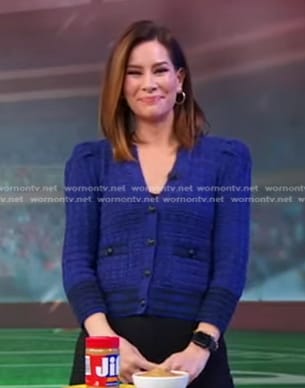 Rebecca’s blue knit cardigan on Good Morning America