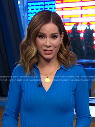 Rebecca’s blue ribbed collared top on Good Morning America