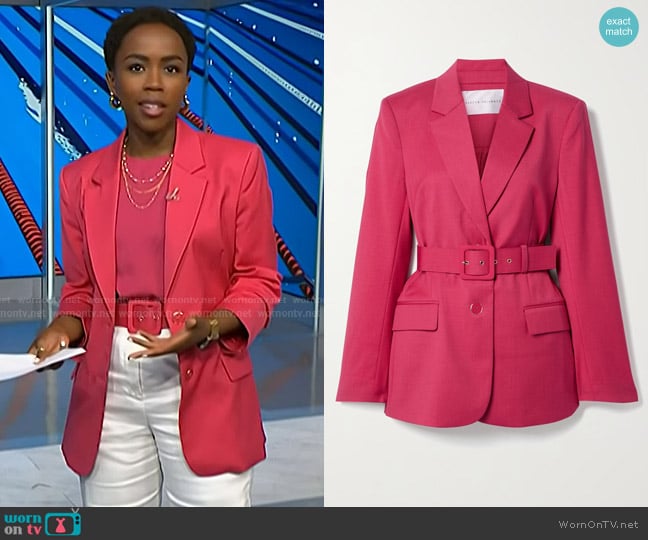 Rebecca Vallance Dallas Belted Wool-Blend Twill Blazer in Fuchsia worn by Zinhle Essamuah on NBC News Daily