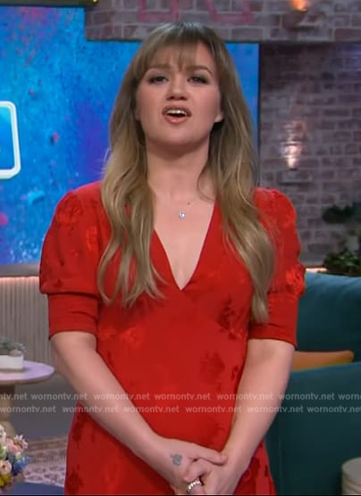 Kelly's red floral v-neck dress on The Kelly Clarkson Show