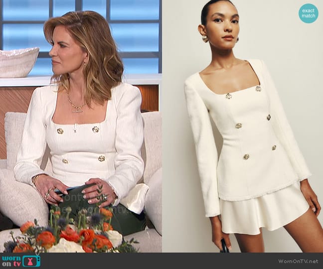 Natalie’s white square neck top with gold buttons on The Talk