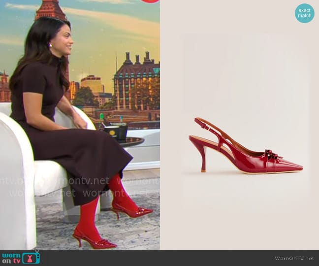 Reformation Noreen Slingback Pump in Scarlet Patent worn by Camila Mendes on CBS Mornings