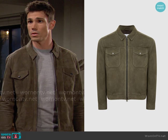 Reiss Pike Suede Jacket in Sage worn by Dr. John Finnegan (Tanner Novlan) on The Bold and the Beautiful