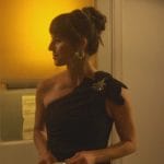 Riley’s black one shoulder drape mini dress on Good Trouble