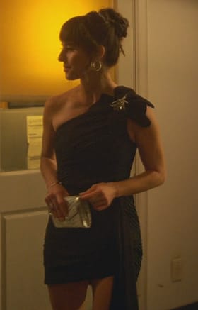 Riley's black one shoulder drape mini dress on Good Trouble