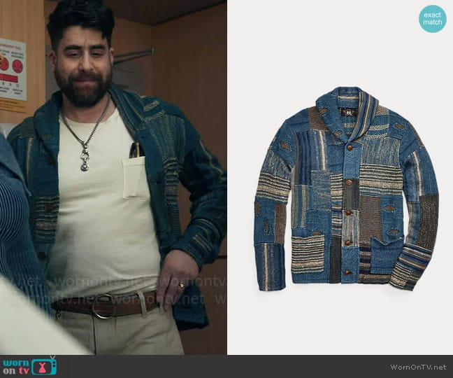 Ralph Lauren RRL Patchwork linen-blend cardigan worn by Harry Keshegian (Adam Goldberg) on The Equalizer