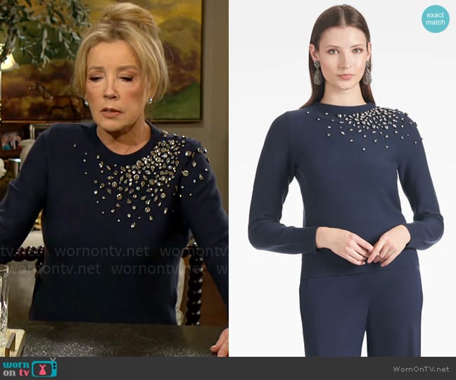 Nikki’s navy crystal embellished sweater on The Young and the Restless