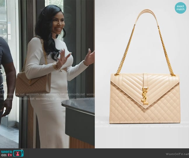 Saint Laurent Envelope Triquilt Large YSL Shoulder Bag in Grained Leather worn by Mia Thornton on The Real Housewives of Potomac