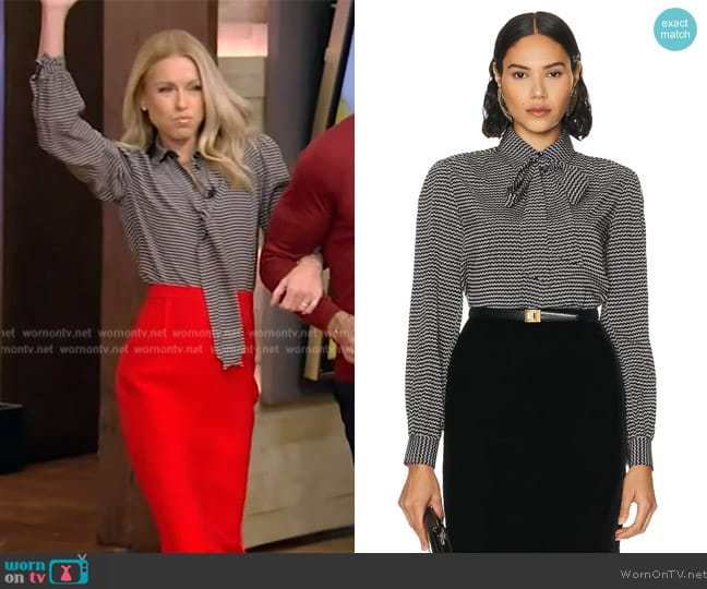 Saint Laurent Tie Neck Blouse worn by Kelly Ripa on Live with Kelly and Mark