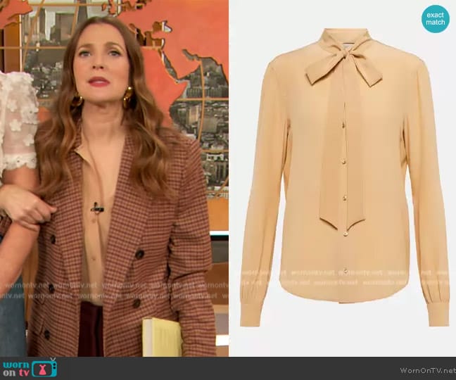 Saint Laurent Tie-neck silk shirt worn by Drew Barrymore on The Drew Barrymore Show