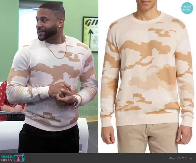 Saks Fifth Avenue Watermark Camouflage Crewneck Sweater worn by Zac Taylor (Devale Ellis) on Tyler Perrys Sistas