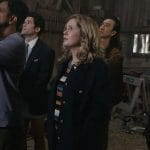 Sam’s multicolored stripe dress and black shirt jacket on Ghosts