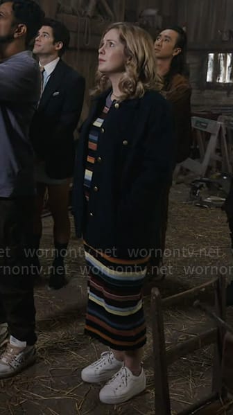 Sam's multicolored stripe dress and black shirt jacket on Ghosts