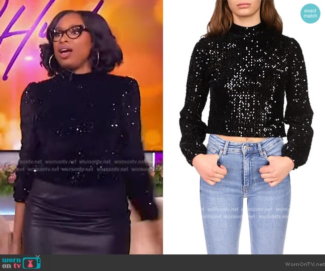 Sanctuary All Nighter Mock Neck Sequin & Velvet Blouse worn by Jennifer Hudson on The Jennifer Hudson Show