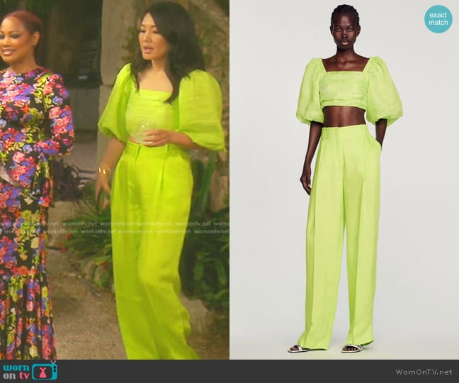 Sandro Gathered Crop Top and Deauville Pants worn by Crystal Kung Minkoff on The Real Housewives of Beverly Hills