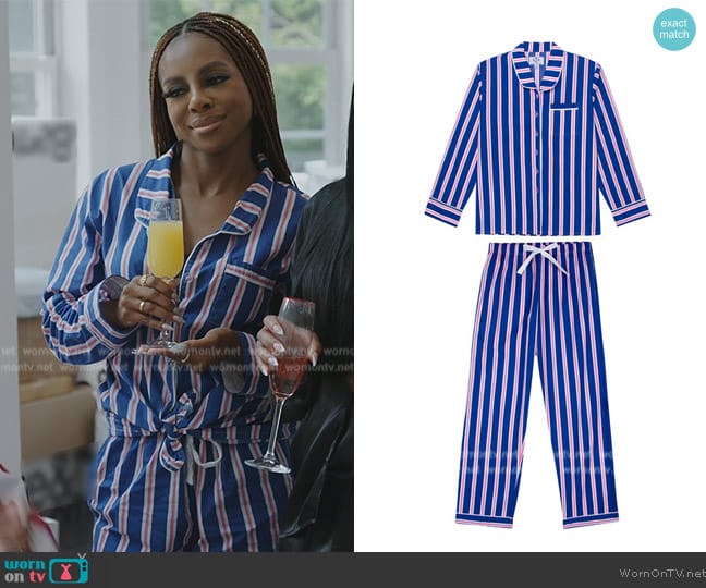 Sant and Abel  Andy Cohen Striped Pajama Set worn by Candiace Dillard Bassett on The Real Housewives of Potomac