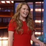 Sarah J. Maas’s red bow detail mini dress on The Kelly Clarkson Show