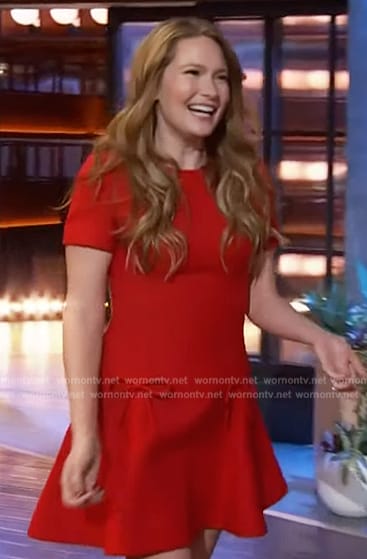 Sarah J. Maas's red bow detail mini dress on The Kelly Clarkson Show