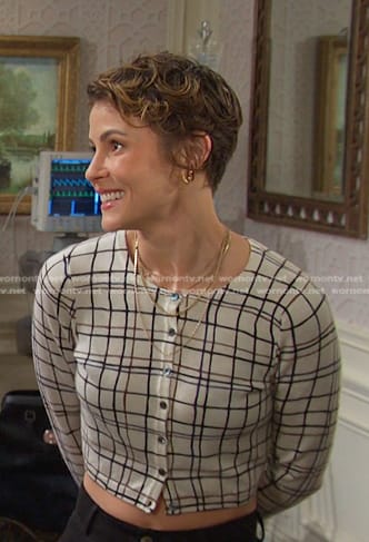 Sarah's white plaid cropped cardigan on Days of our Lives