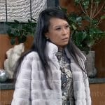 Selina’s grey fur coat and jacquard dress on General Hospital