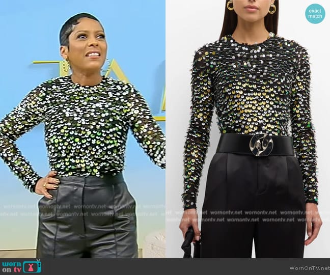 Sergio Hudson Crewneck Sequin Long-Sleeve Bodysuit worn by Tamron Hall on Tamron Hall Show