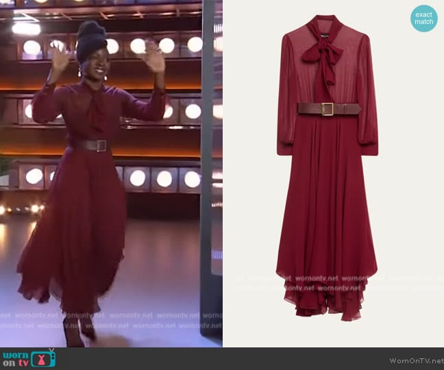 Sergio Hudson Scarf-Neck Pleated Asymmetric Midi Dress worn by Danai Gurira on The Kelly Clarkson Show